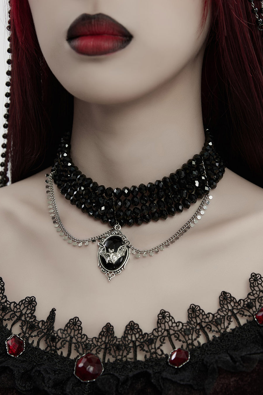 Victorian Beaded Bat Cameo Choker