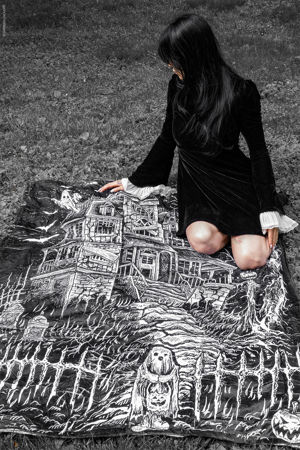 gothic fleece halloween haunted house blanket 