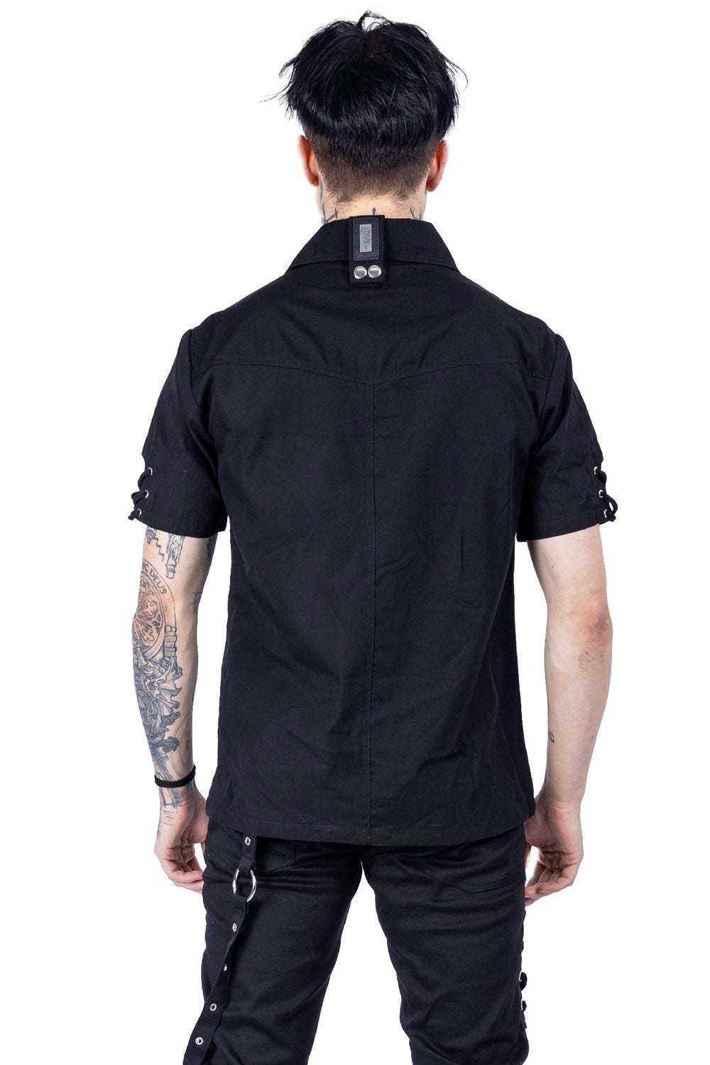 mens collared gothic lace-up black cotton dress shirt