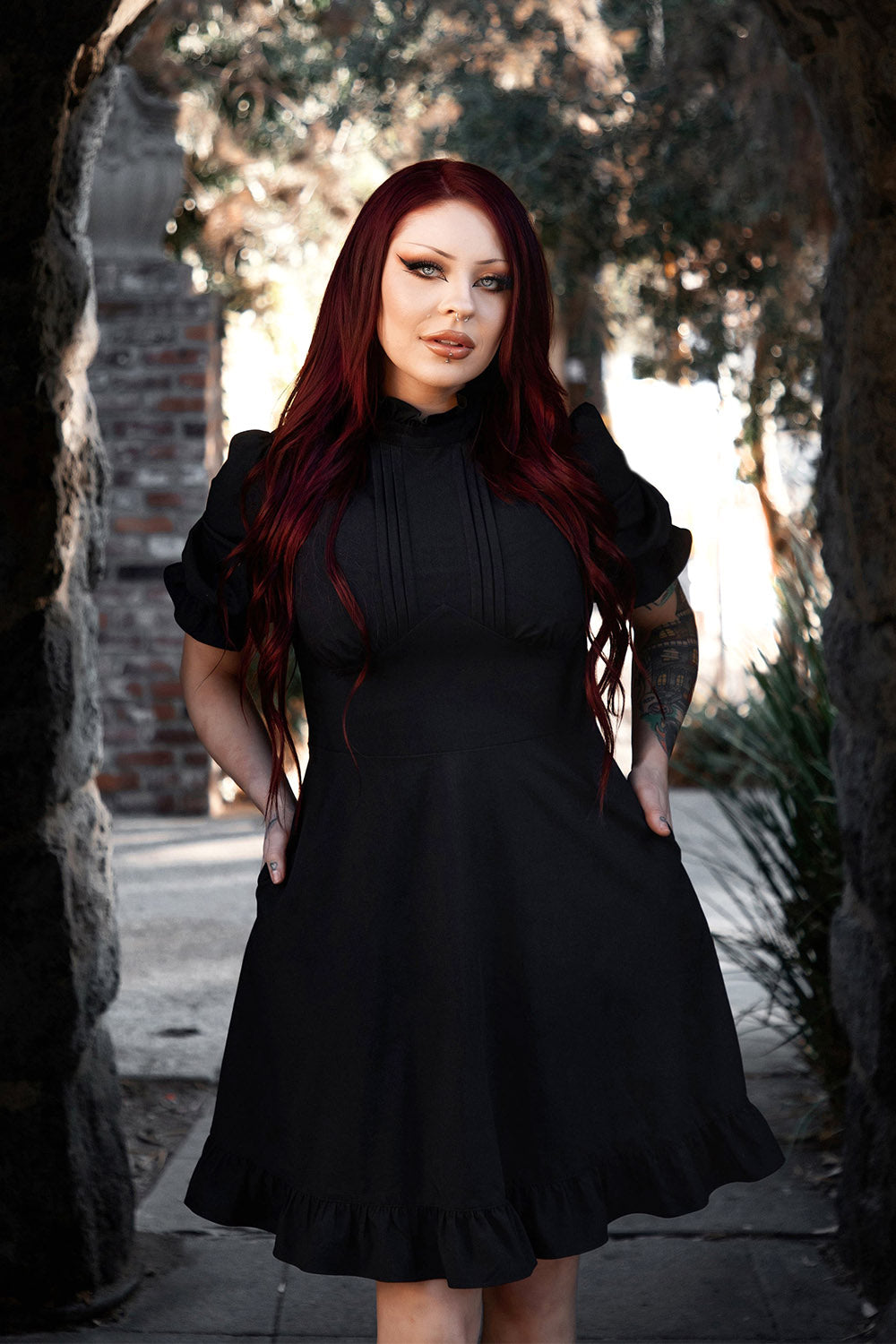 womens puff sleeve cottagecore black dress