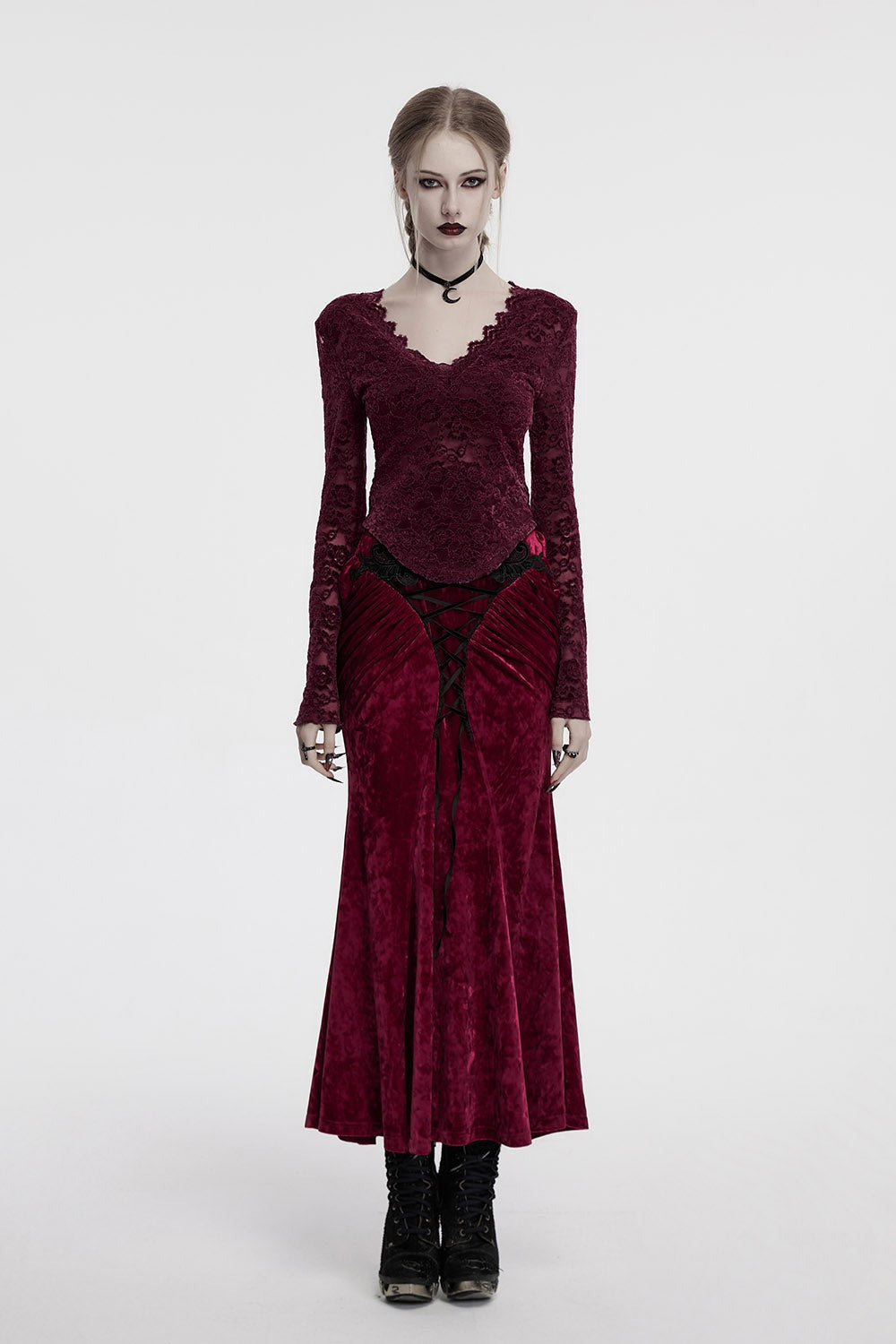 gothic red velvet long skirt