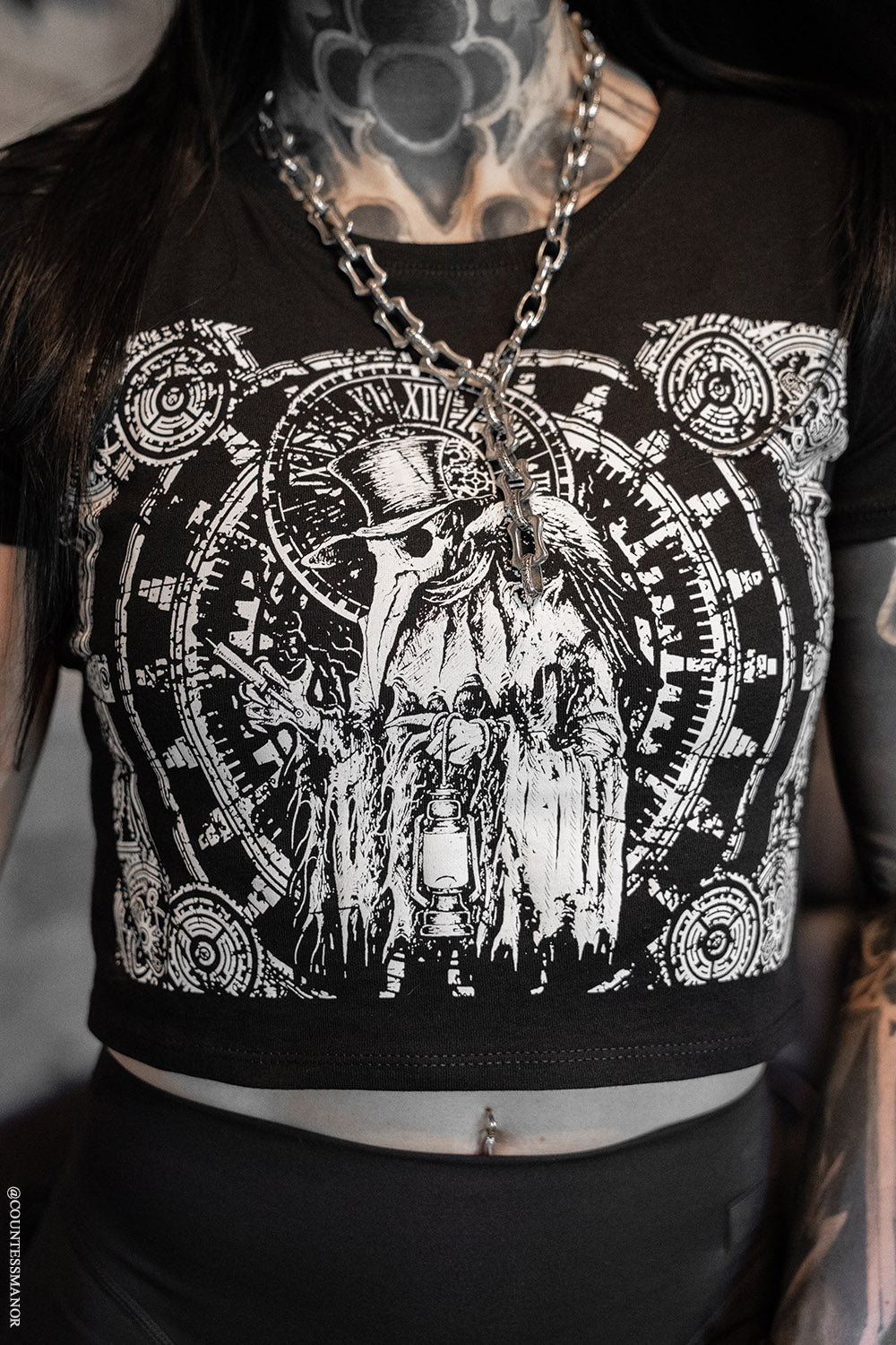 steampunk crop top with plague doctor graphic 