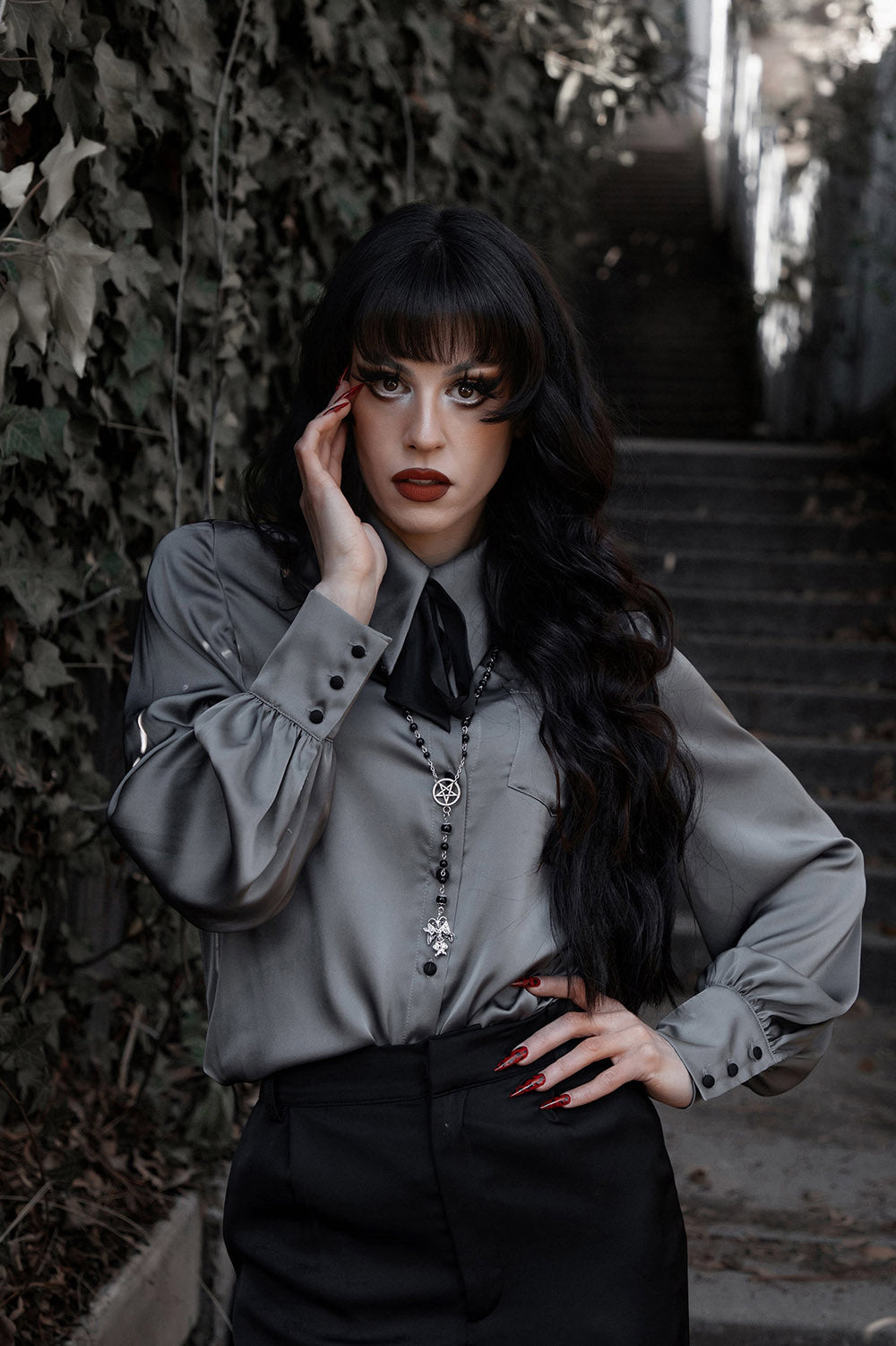 long sleeve gothic top with bow necktie 