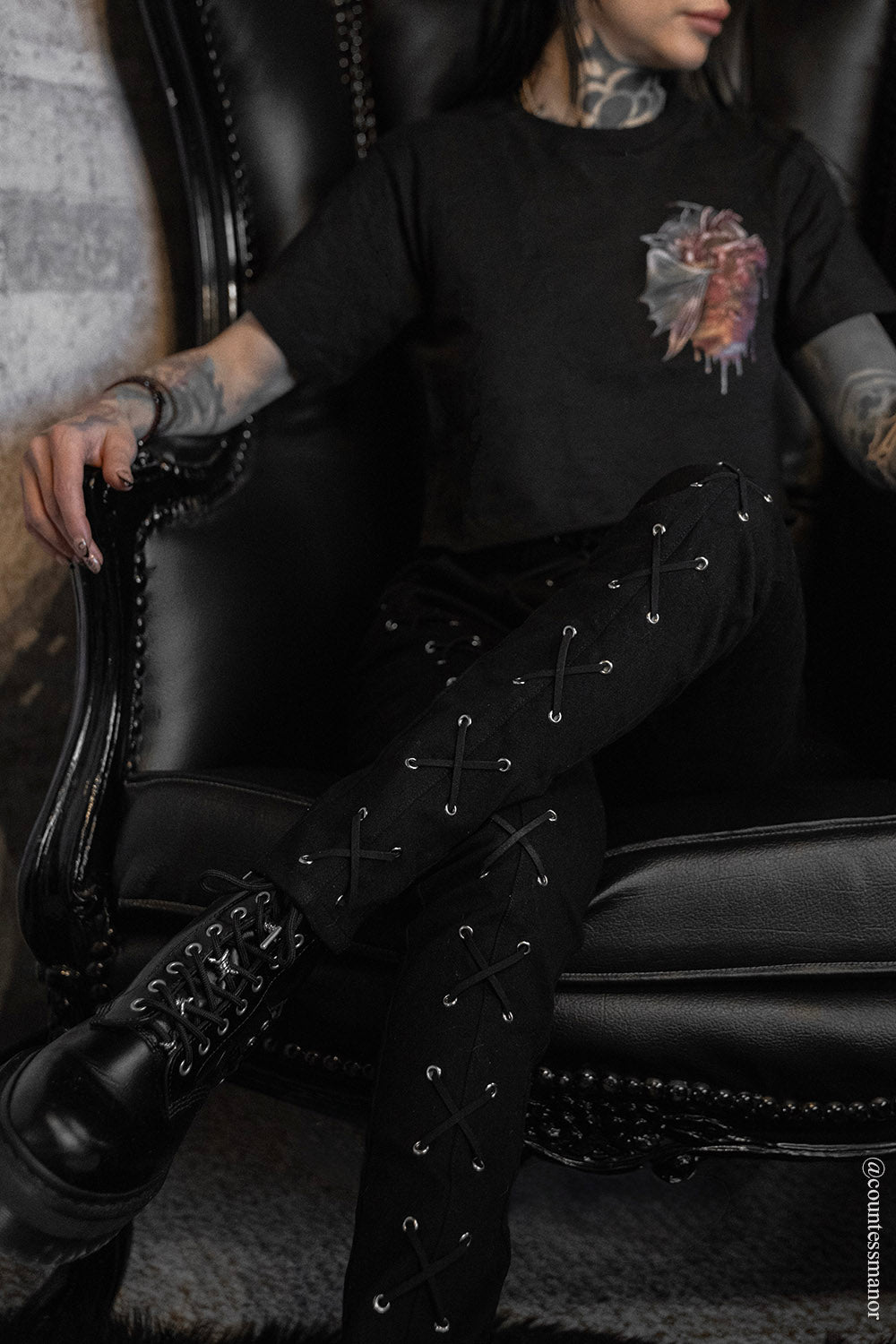 grunge goth lace-up high-waisted corset pants with embroidered spiderweb pockets