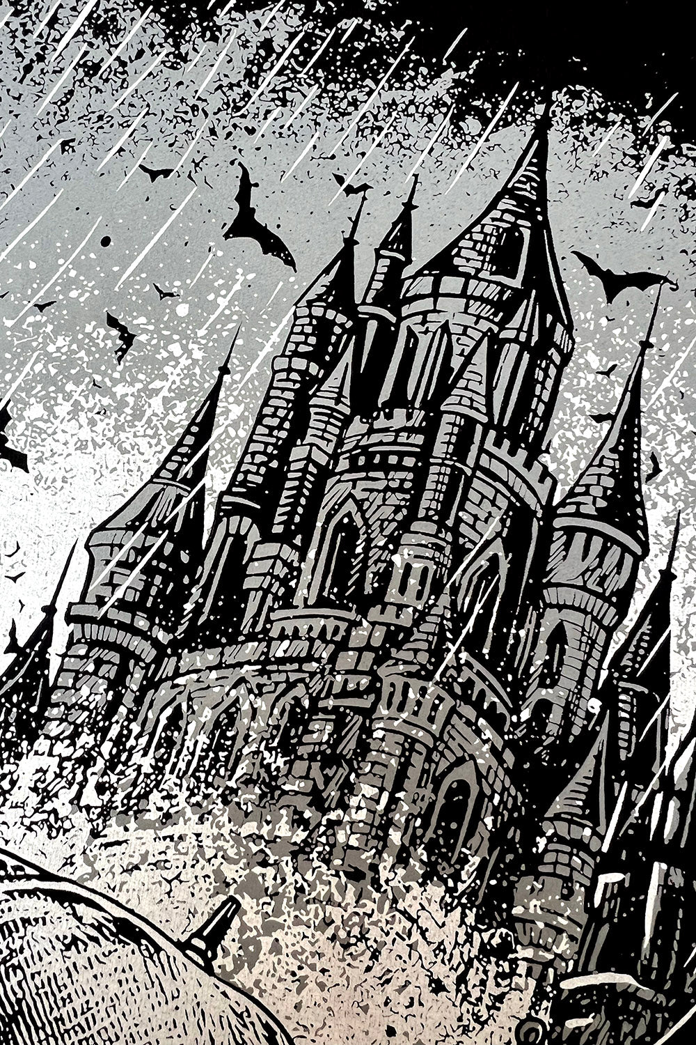 gothic graphic hoodie jacket of a ghost holding an umbrella  and a gothic castle 