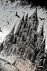 gothic graphic hoodie jacket of a ghost holding an umbrella  and a gothic castle 