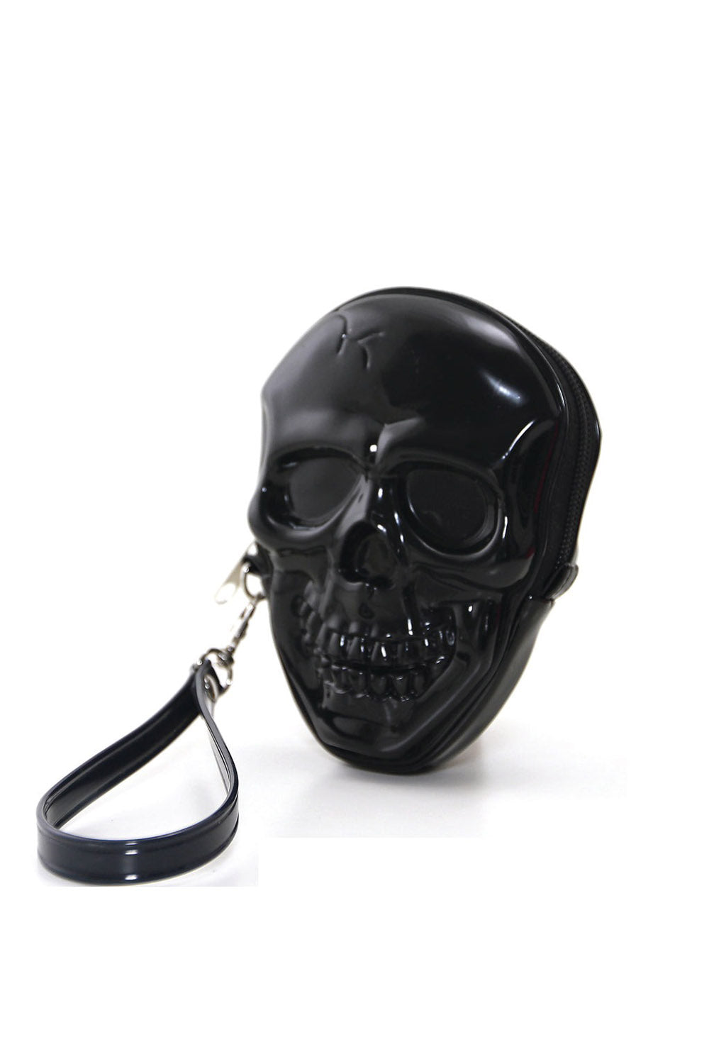 Black skull-shaped coin purse pouch with a strap on a white background