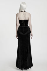 back view of model wearing a black velvet corset from Punk Rave