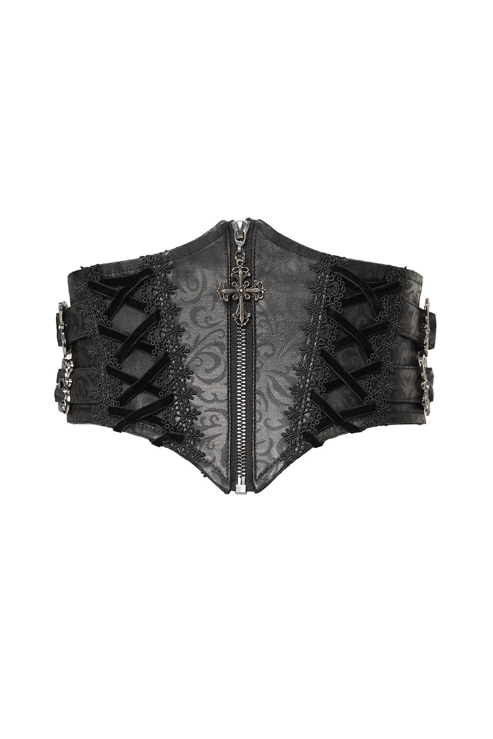 Black corset with intricate designs on a white background