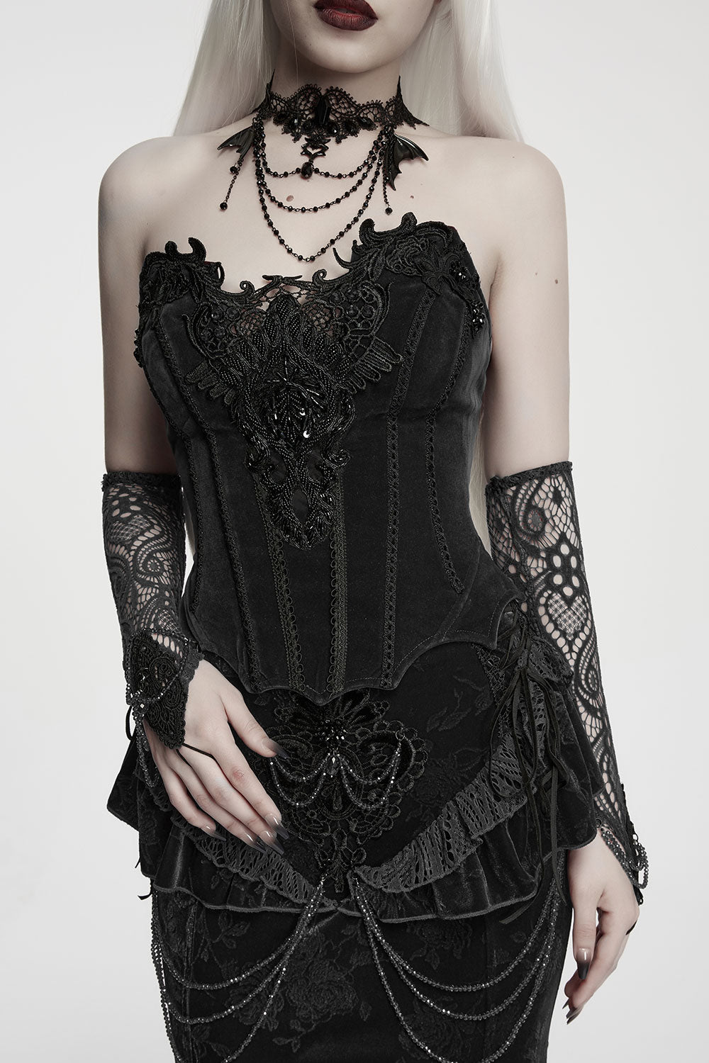 victorian goth womens steampunk corset with front beaded embellishments enrich texture and boost gothic court charm