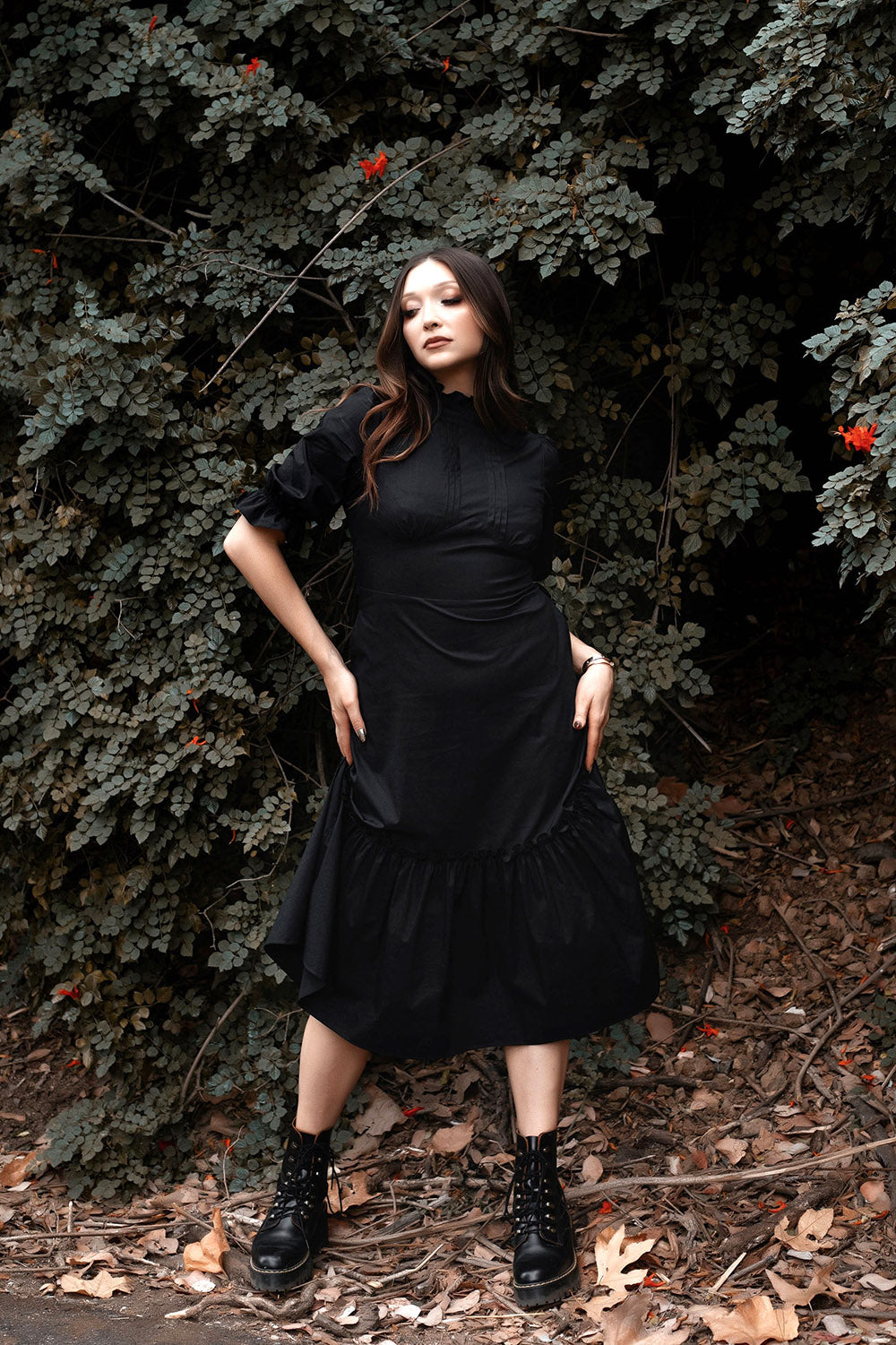 victorian vintage goth high collared ruffle midi dress by lively ghosts 