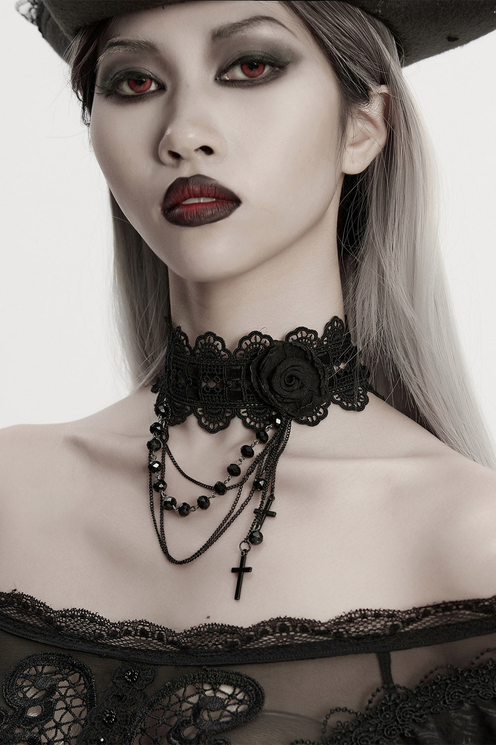 black lace and velvet choker necklace with goth cross charms