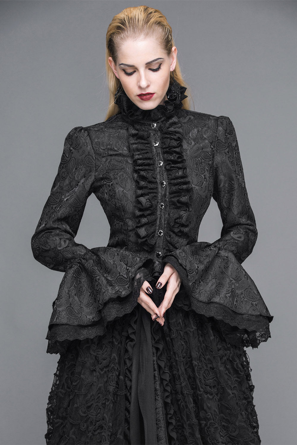 In Memoriam High Collar Ruffle Top – VampireFreaks