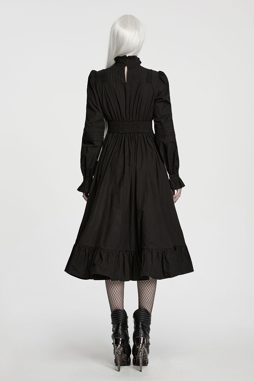 back view of model wearing Gothic Dress Victorian High Neck Ruffled Black Midi Dress from Punk Rave