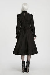 back view of model wearing Gothic Dress Victorian High Neck Ruffled Black Midi Dress from Punk Rave