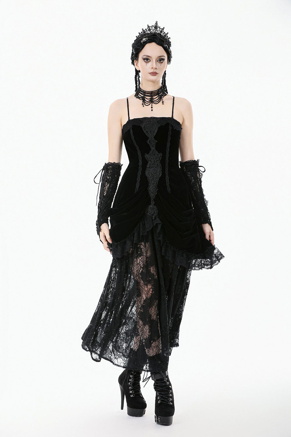 victorian goth feminine fitted dress with delicate lace hemline