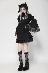 Flattering black dress for women with bell sleeves and lace trim