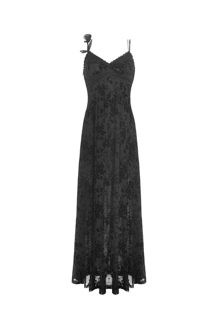 long gothic dress with black rose strap