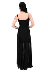 Black gown with sheer overlay on a white background