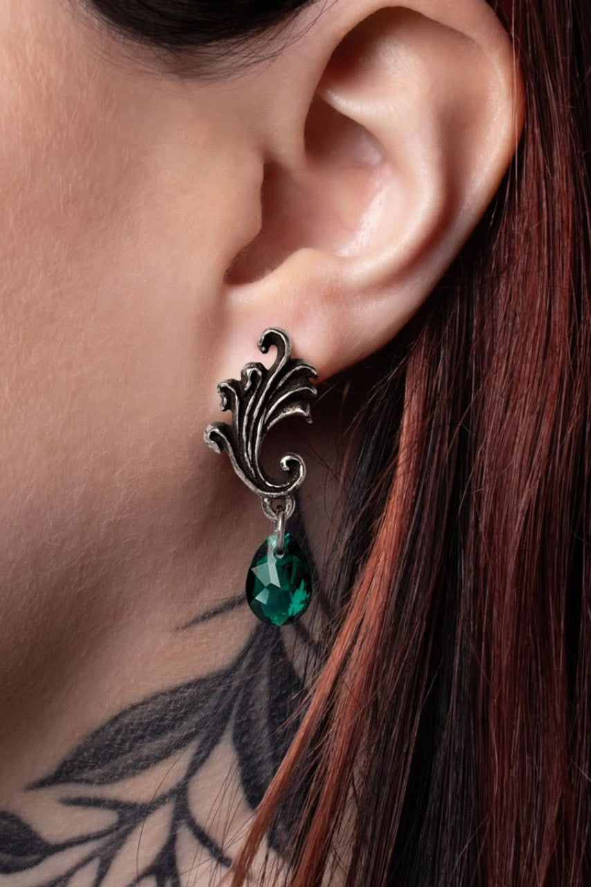 baroque gothic english pewter and stainless steel hypoallergenic emerald green gemstone earrings by alchemy england 