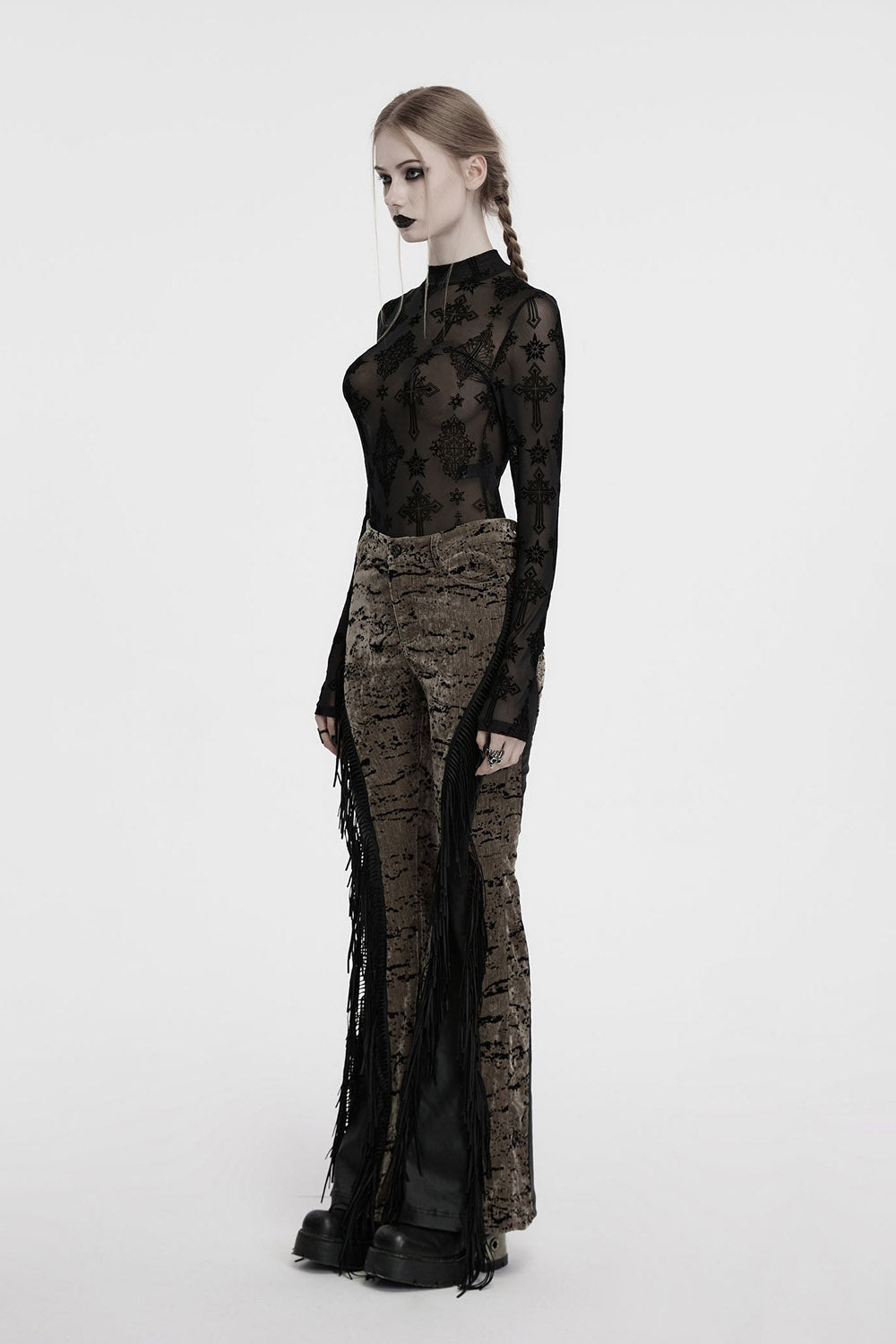 high collar gothic cross pattern sheer long sleeve top by punk rave