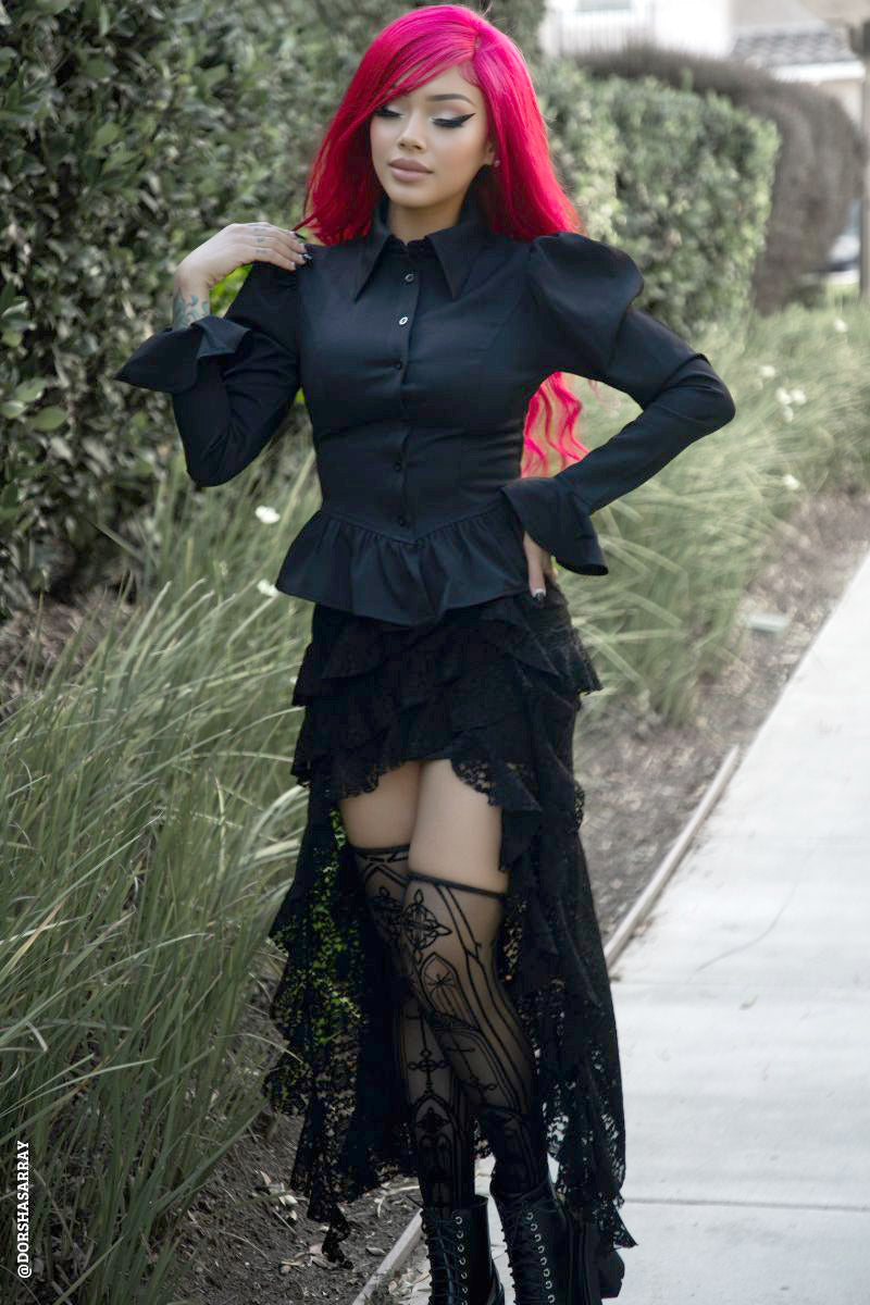 puff sleeve peplum top with pointed collar