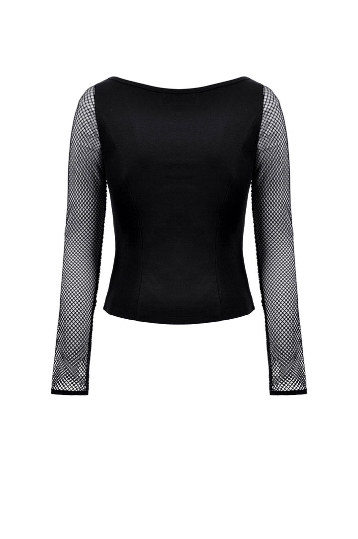 buckled strap fishnet long sleeve top
