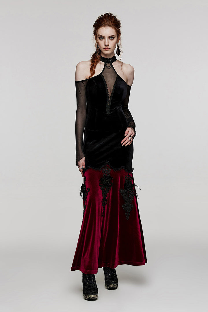 long black and red velvet gown
