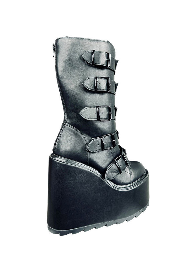 womens black vegan leather bat buckle emo boots