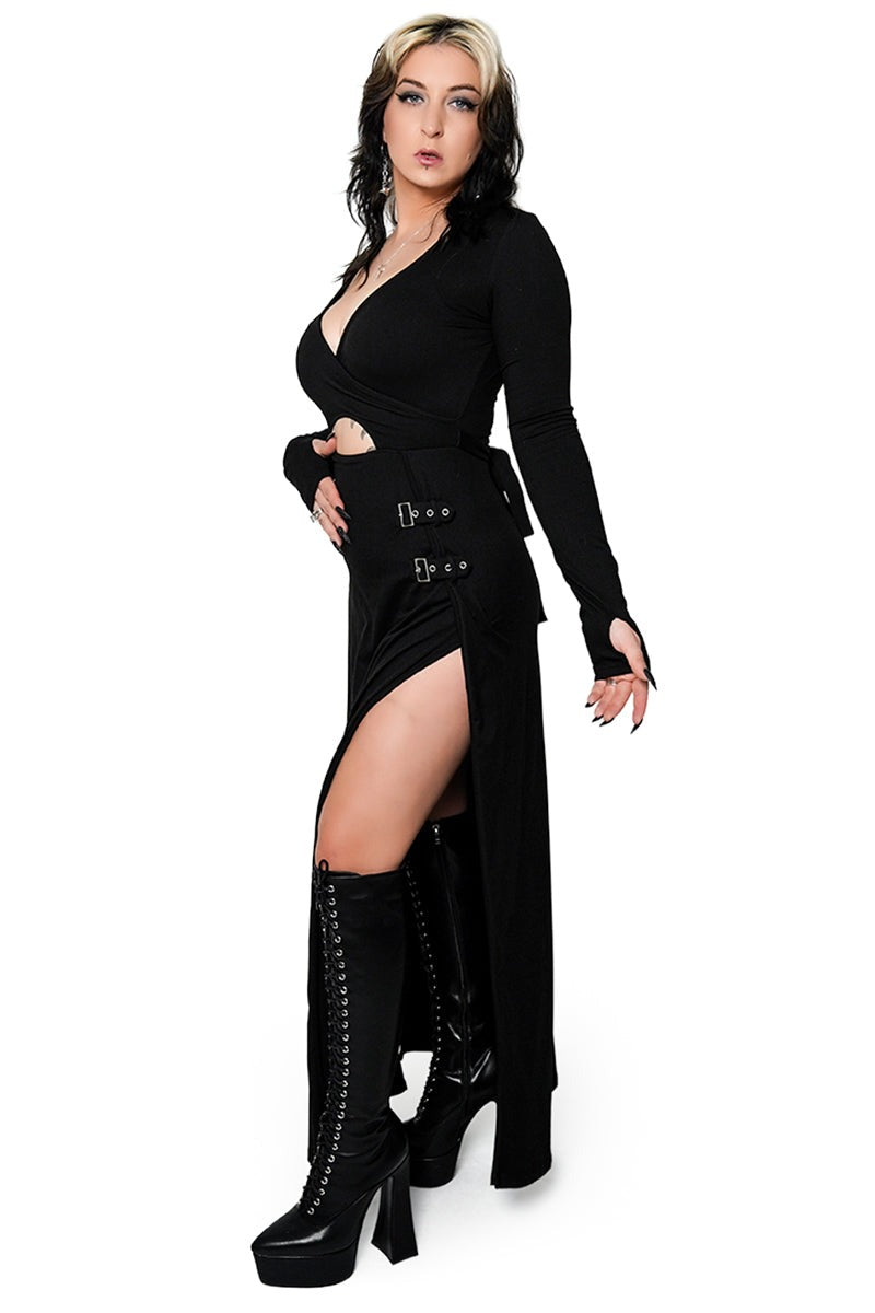 leg slit buckle gothic maxi dress