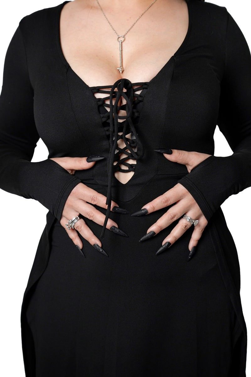 lace-up long leg-slit gothic dress