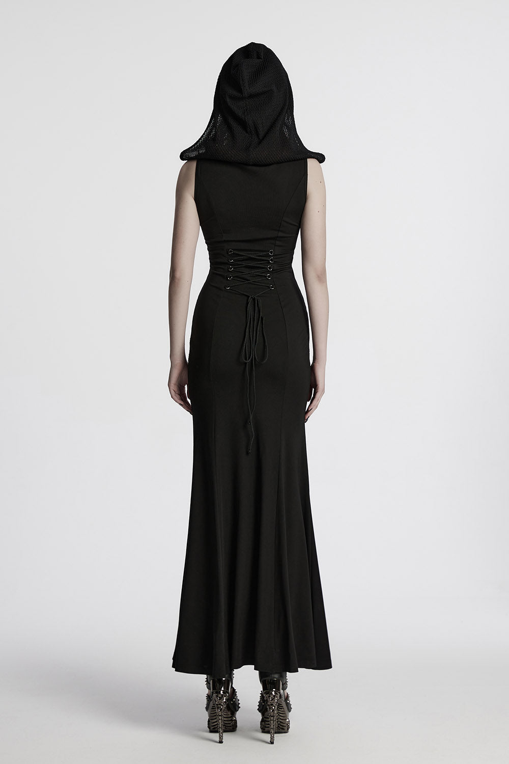 womens black lace-up hooded apocalyptic dress