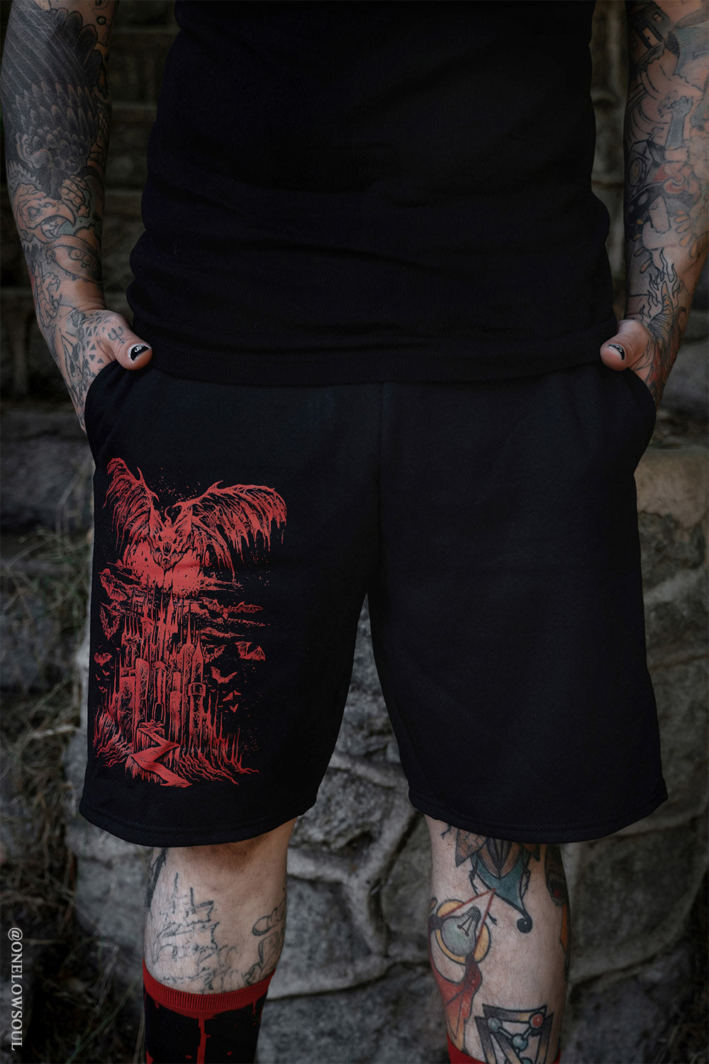 mens gothic bat castle graphic printed shorts