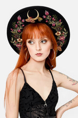 embroidered butterfly, crescent moon, and flower hat 