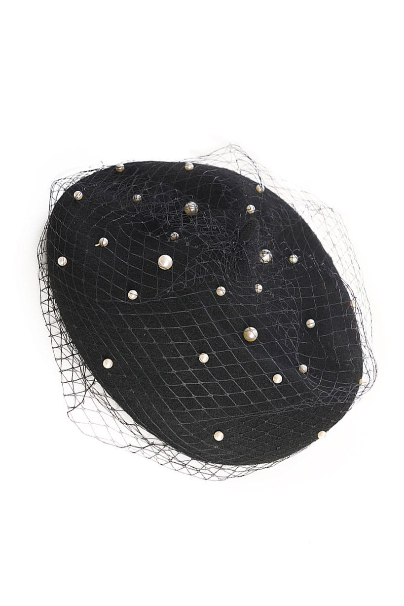 womens black pinup rockabilly beret with pearls 