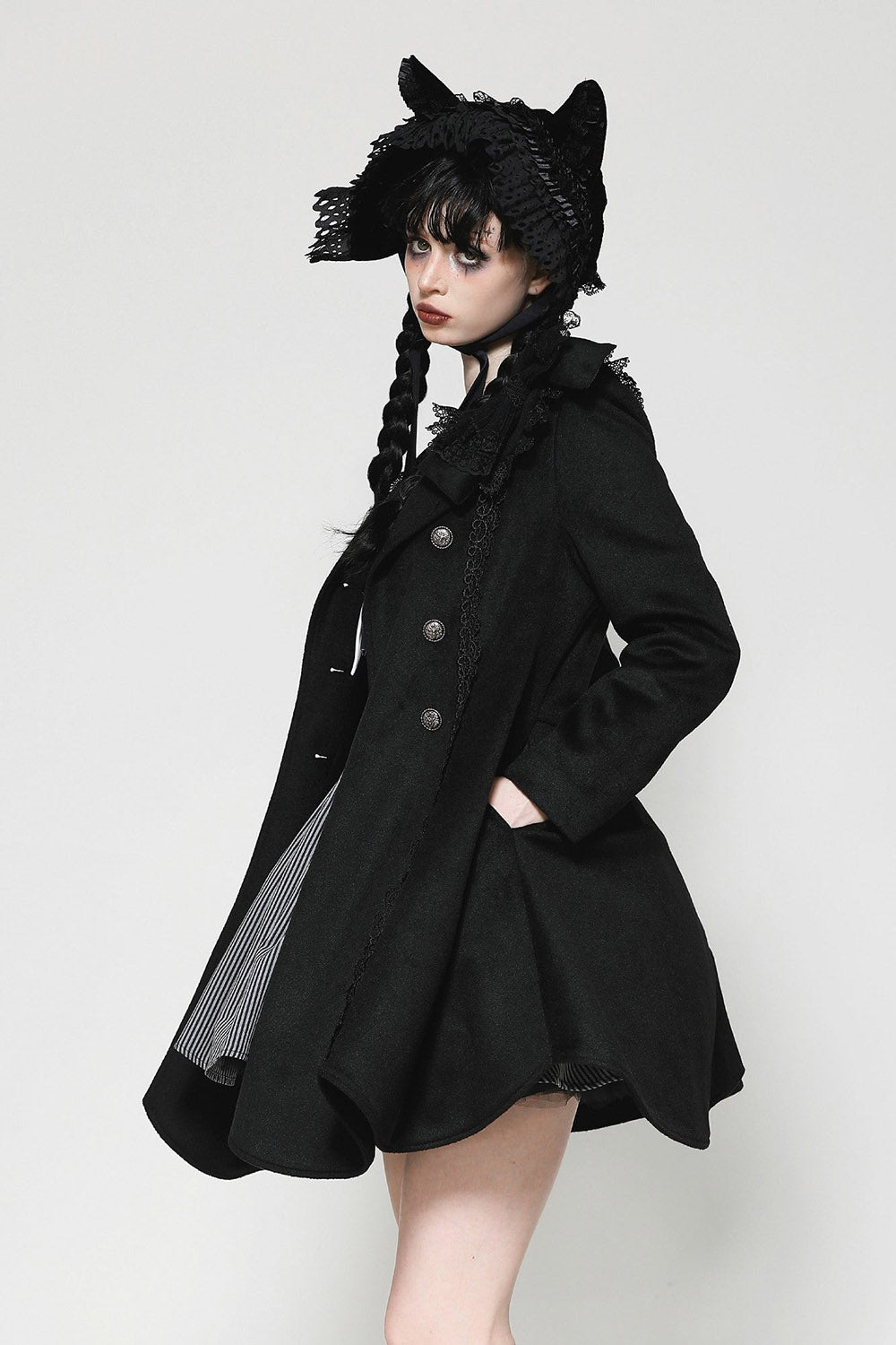 womens black ruffled goth lolita hat with kitty ears