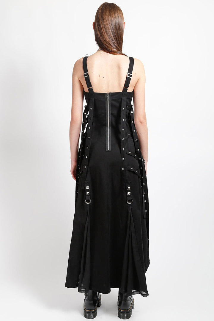 womens extra long grunge gothic punk black dress with studs and eyelets