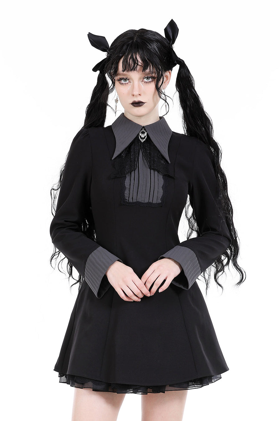 black and grey dark academia dress