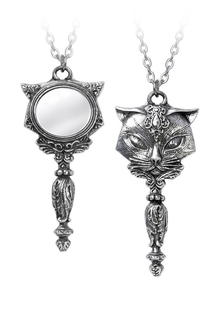 silver cat mirror victorian necklace