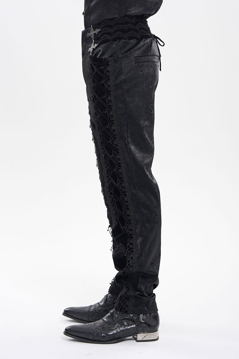 Side view of model wearing mens velvet pants from devil fashion