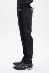 Side view of model wearing mens velvet pants from devil fashion