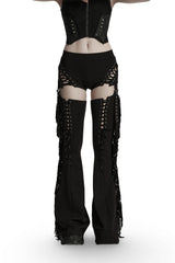 black low rise womens gothic lace up pants with detachable shorts