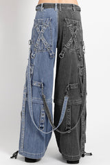 Tripp NYC X-Strap Split Denim Pants [BLACK DENIM/INDIGO BLUE]