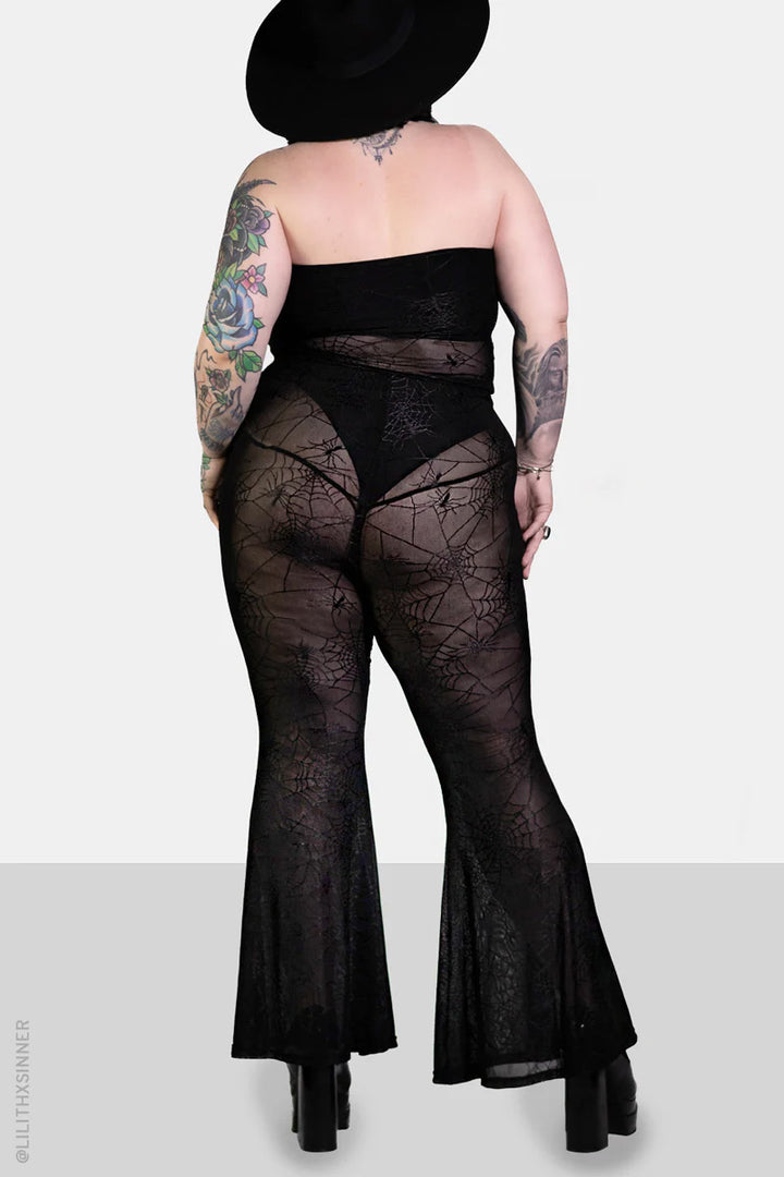 halloween goth spiderweb mesh bell bottom flared pants