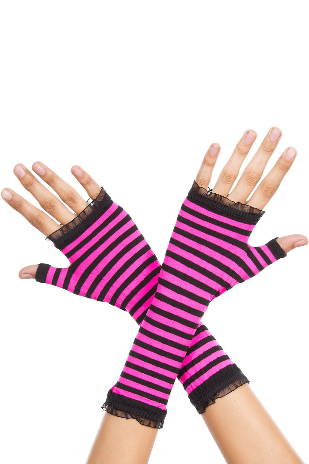 Ruffled Striped Gloves [BLACK/HOT PINK]