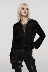 womens deep v-neck plunging neckline lace-up chest  black cotton shirt