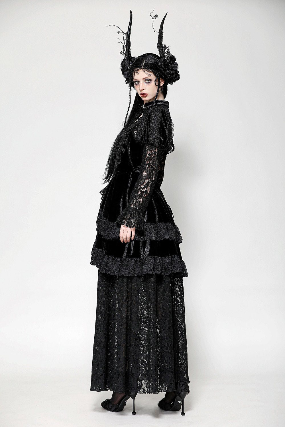 puffed shoulder layered ruffled gothic gown 