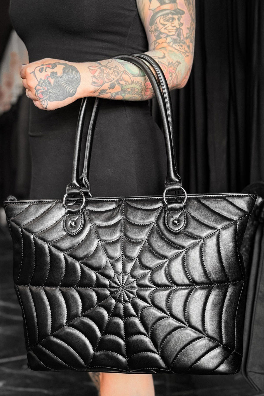 embroidered rockabilly spiderweb tote bag