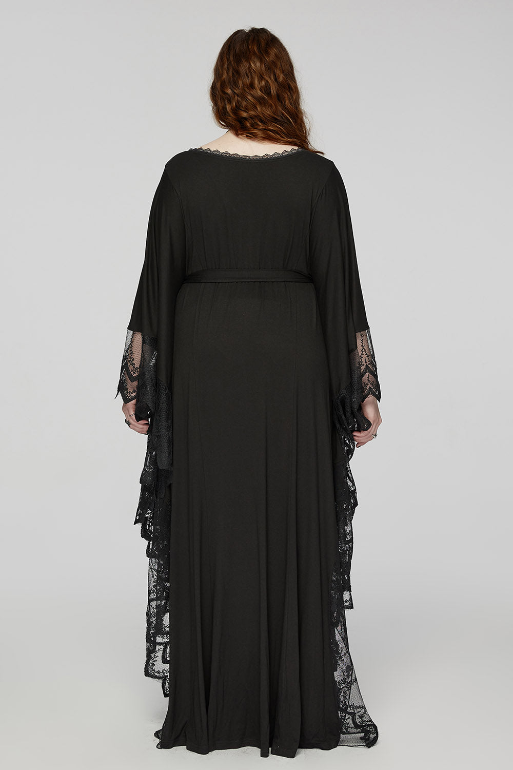 black plus size gothic gown with lace hem and sleeves