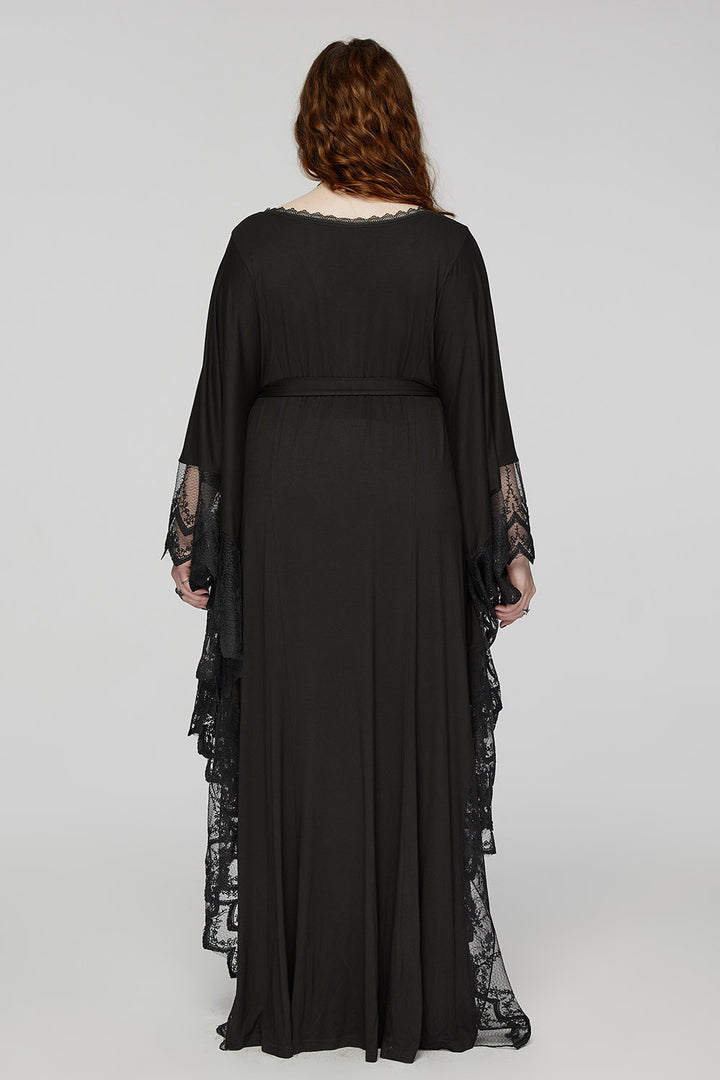 black plus size gothic gown with lace hem and sleeves